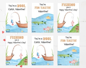 Printable Fishing Valentine&#39;s Day Cards, Print at Home Classroom Valentine Exchange, Boys Fish Valentine Gift Tags