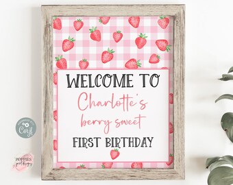 Editable Strawberry Birthday Party Welcome Sign, Pink Berry Sweet Birthday Poster, Berry First Party Decor Instant Download Printable 0169