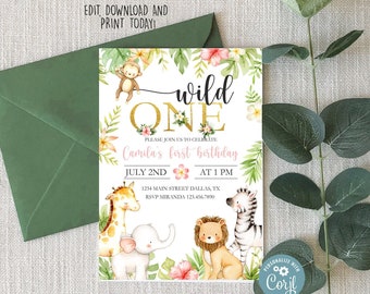 Editable Girl Jungle Wild One First Birthday Party Invitation, Safari 1st Birthday Invite, Party Animal Invitation