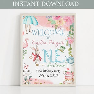 Onederland Tea Party Editierbare Geburtstag Willkommensschild Alice im Wunderland Geburtstagsschild Instant Download 8x10 Zeichen Mad Hatter Tea Party 0119