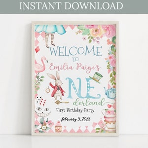 Onederland Tea Party Editierbare Geburtstag Willkommensschild Alice im Wunderland Geburtstagsschild Instant Download 8x10 Zeichen Mad Hatter Tea Party 0119