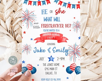 Editable 4th of July Gender Reveal Invitation, Fourth of July Baby Shower Invite, Red White and Due, July Baby Shower Printable 0156