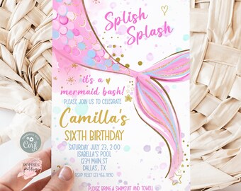 Editable Pink Mermaid Tail Birthday Party Invitation Splish Splash Mermaid Birthday Invite Mermaid Bash Invite Any Age Print 0155