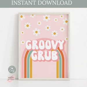 Könnte beinhalten: Ein rosa druckbarer Wandkunstdruck mit einem Regenbogen und dem Text "Groovy Grub" in einer Retro-Schrift. Der Hintergrund ist mit weißen Gänseblümchen verziert.