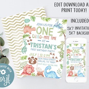 Editable Dinosaur First Birthday Invitation, One Dino-mite Time Birthday Party Invite, Instant Download Printable 0151