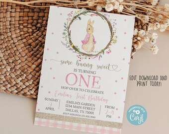 Some Bunny is One Editable First Birthday Invitation Girl Pink Bunny Invitation Peter Rabbit 1st Birthday Invite Instant Download 0123