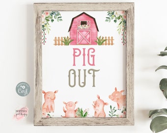 Pink Barnyard Pig Out Food Sign Farm Birthday Party Food Table Sign Farm Animal Birthday Party Animal Birthday Decoration Printable 0128
