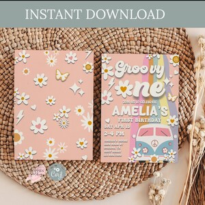 Editable Daisy Groovy One 1st Birthday Invitation Birthday Rainbow Van Birthday Invite Hippie First Birthday Invitation Instant Download
