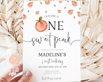 Editable One Sweet Peach Birthday Invitation Peach First Birthday Invite Girl 1st Birthday Party Sweet One Peaches Printable 0238