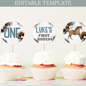Bewerkbare Rodeo Verjaardag Cupcake Toppers Eerste Rodeo Verjaardag Cupcake Decoratie Cowboy Party Cake Toppers Afdrukbare 0113