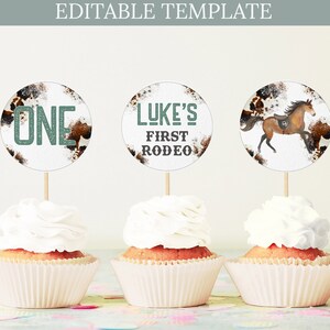 Bewerkbare eerste rodeo verjaardag cupcake toppers jongen rodeo verjaardag cupcake decoratie cowboy partij taart toppers afdrukbare 0113