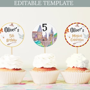 Editable Wizard Birthday Cupcake Toppers First Birthday Cupcake Decoration Castle School Wizardry Magic Party Cake Toppers Printable 0152