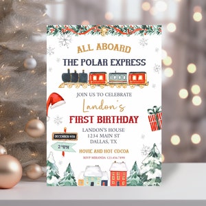 ポーラーエクスプレス誕生日招待状、編集可能なクリスマス列車誕生日招待状、誕生日プリントホリデー誕生日招待状、印刷可能 0193