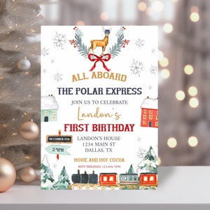 ポーラーエクスプレス誕生日招待状、編集可能なクリスマス列車誕生日招待状、誕生日プリントホリデー誕生日招待状、印刷可能 0193