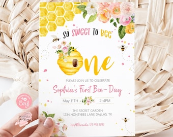 Editable Honey Bee First Birthday Invitation 1st Bee Day Birthday Party Invite Bumblebee Birthday Floral Sweet to Bee One Printable 0227