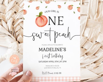 Editable One Sweet Peach Birthday Invite Peach First Birthday Invitation Pink Gingham Girl 1st Birthday Party Sweet Peaches Printable 0238