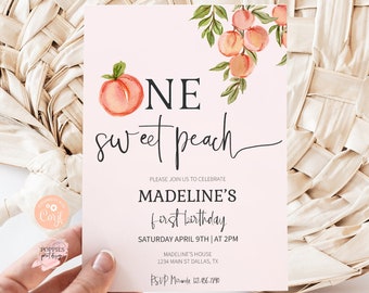 Editable Sweet Peach First Birthday Invitation Peach 1st Birthday Invite Girl Birthday Party Sweet One Peaches Printable 0238