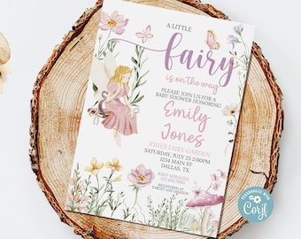 Invitación de ducha de bebé de hada del bosque Editable Una pequeña hada está en camino Invitar a niña Jardín Floral Espolvorear Mágico Corjl Imprimible 0153