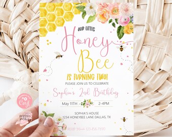 Editable Little Honey Bee First Birthday Invitation 1st Bee Day Birthday Party Invite Bee Birthday Floral Sweet to Bee One Printable 0227
