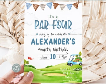Editable Boy Golf Fourth Birthday Invitation, Boy Golfing Birthday Invite, 4th Birthday Par-tee Putting Par-tee Printable Template 0134