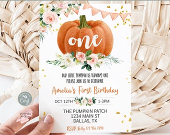Editable caída Floral calabaza cumpleaños invitación naranja Gingham pequeña calabaza cumpleaños invitación chica rosa Floral calabaza parche imprimible 0173