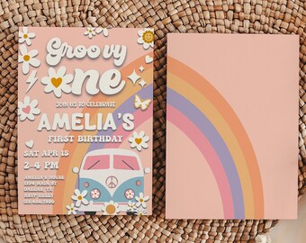 Edytowalny Groovy One 1st Birthday Invite Daisy Rainbow Birthday Hippie Van Birthday Invite Retro First Birthday Invitation Instant Download