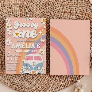 Editable Groovy One 1st Birthday Invite Daisy Rainbow Birthday Hippie Van Birthday Invite Retro First Birthday Invitation Instant Download