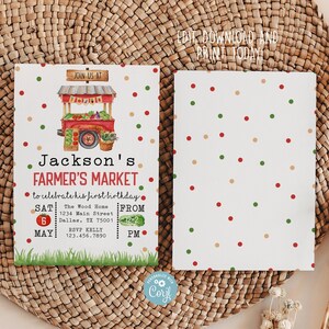 Editable Red and White Farmer&#39;s Market Birthday Invitation, Gender Neutral Picnic Birthday Invitation, First Birthday Invite 0110