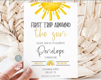 Premier voyage modifiable autour de l'invitation d'anniversaire du soleil, invitation d'anniversaire du soleil 1er, invitation d'anniversaire du soleil neutre de genre imprimable 0132