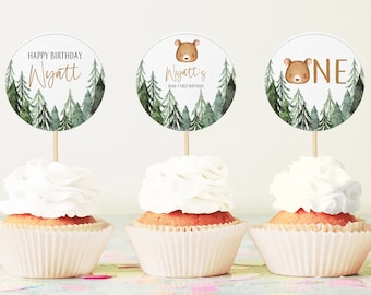 Editable Forest Brown Bear Birthday Cupcake Toppers First Birthday Cupcake Decoration Market  Party Favor Cake Toppers Printable 0116