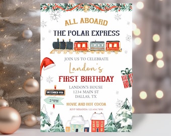 Polar Express Birthday Invite, Editable Christmas Train Birthday Invitation, Birthday Print Holiday Birthday Invite, Printable 0193