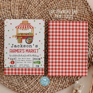 Editable Red and White Farmer&#39;s Market Birthday Invitation, Gender Neutral Picnic Birthday Invitation, First Birthday Invite 0110