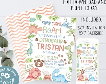 Editable Dinosaur Birthday Invitation, Stomp Chomp Roar Birthday Party Invite, Instant Download Printable 0151