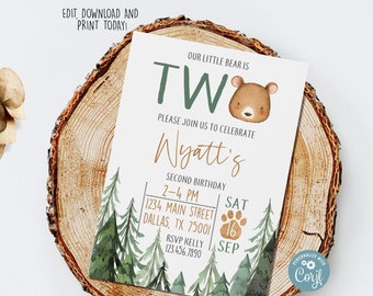 Editable Bear Second Birthday Invitation Bear 2nd Birthday, Boy 2nd Birthday Invitation, Instant Download, Woodland Two Wild Invitation 0116