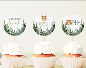 Editable Forest Brown Bear Birthday Cupcake Toppers First Birthday Cupcake Decoration Market  Party Favor Cake Toppers Printable 0116