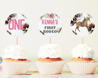 Editable Floral First Rodeo Birthday Cupcake Toppers Girl Pink Rodeo Birthday Cupcake Decoration Cowgirl Party Cake Toppers Printable 0113