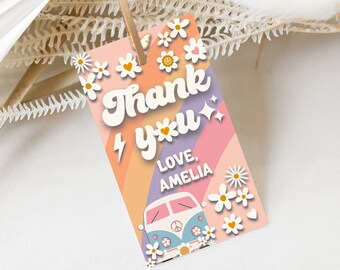 Bearbeitbare Groovy Rainbow Daisy Geburtstag Danke Tag Retro Geburtstag Bevorzugung Tag Pfirsich Blau Rosa Groovy Birthday Party Favor