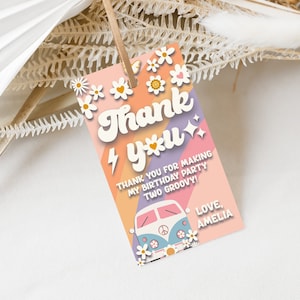 Editable Two Groovy Rainbow Daisy Birthday Thank You Tag Retro Second Birthday Favor Tag Peach Blue Pink Groovy2nd Birthday  Party Favor