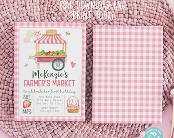Girls Farmer's Market First Birthday Invitation, Editable Picnic Birthday Invitation, Pink Birthday Invite, Home Grown 0111