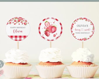 24 STKS Aardbei Een Cupcake Toppers Glitter Sweet One