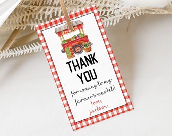 Editable Red Gingham Farmer's Market Birthday Party Thank You Card Vegetable Stand Birthday Tag Picnic Birthday Favor Tag Digital Download