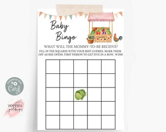 Lokal gewachsenes Baby Bingo-Babypartyspiel, Bauernmarkt-Babyparty, geschlechtsneutral, Bio-Baby, druckbar 0147