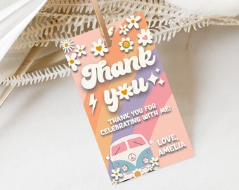 Editable Groovy Rainbow Daisy Birthday Thank You Tag Retro Birthday Favor Tag Peach Blue Pink Groovy Birthday  Party Favor