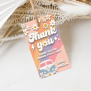 Editável Five is a Vibe Rainbow Daisy Aniversário Etiqueta de agradecimento Retro Quinto Aniversário Favor Tag Pêssego Azul Rosa Groovy Favor de festa de 5º aniversário