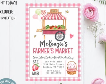 Girls Farmer's Market First Birthday Invitation, Editable Picnic Birthday Invitation, Pink Birthday Invite, Home Grown 0111