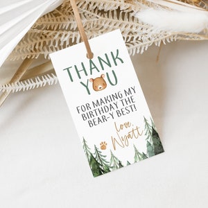 Cartão de agradecimento de aniversário de urso editável, etiqueta de lembrança de festa de aniversário de urso da floresta, modelo de aniversário de animal da floresta, download digital para impressão 0116