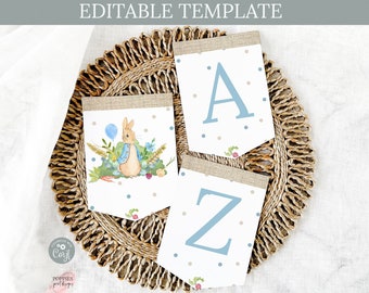 Bewerkbare Peter Rabbit verjaardag Bunting 8.5x11" 1e verjaardag wimpel Banner Instant Download bewerkbare sjabloon Banner afdrukbare 0123