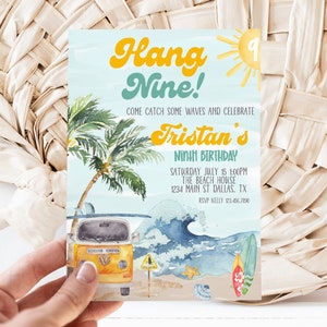 Editable Surf&#39;s Up Birthday Party Invitation Any Age, Wave Surfer Birthday, Retro Surfboard Beach Party, The Big One Invite Printable 0145