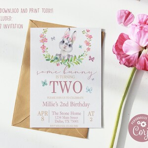 Some Bunny is Two Editable Second Birthday Invitation, Girl Pink Bunny Invitation, Spring 2nd Birthday Invitation