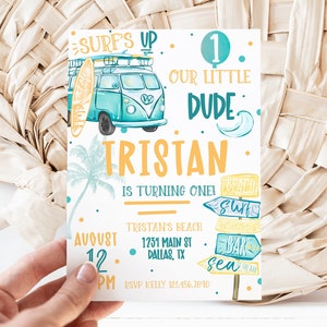 Editable Surf&#39;s Up Birthday Party Invitation, Wave Surfer Birthday, Retro Surfboard Beach Party, The Big One Invite Printable 0144